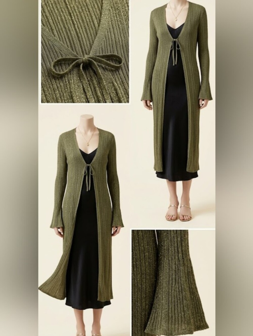 Anthropologie Olive Green Long Ribbed Tie-Front V-Neck Duster Cardigan (Sz M)